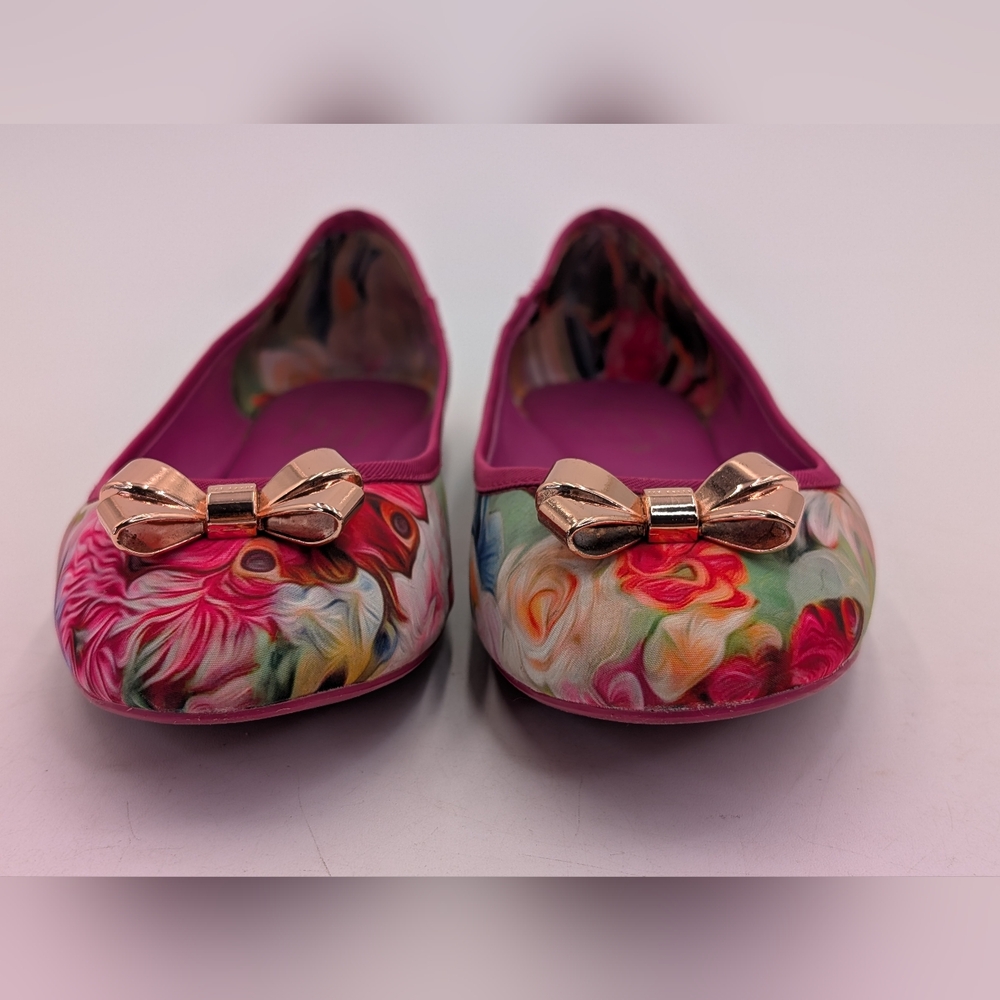 Ted Baker London IMME 2 Sz 9  Vibrant Floral Pink Ballet Flats Rosegold Bows - Picture 11 of 17
